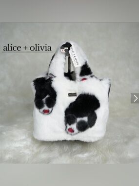 Alice + Olivia White and Black Faux Fur Tote with Red Accent